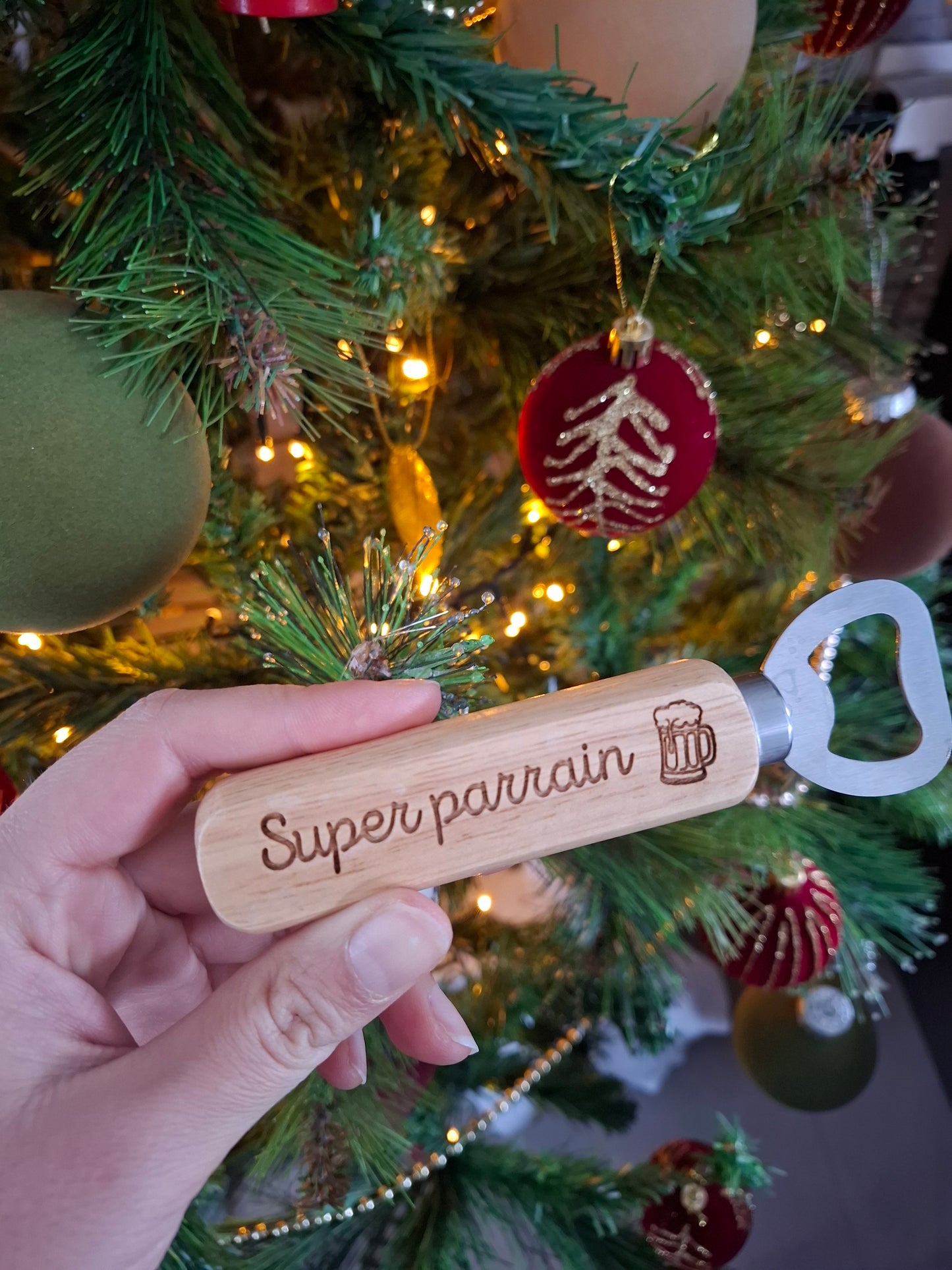 Ouvre-bouteille personnalisé en bois et acier inoxydable robuste