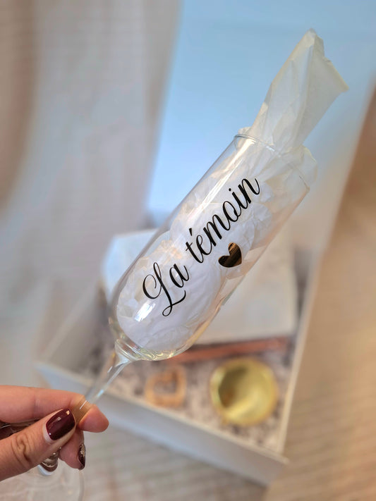 Coffret cadeau demande témoin complet avec flûte gravée et pince coeur