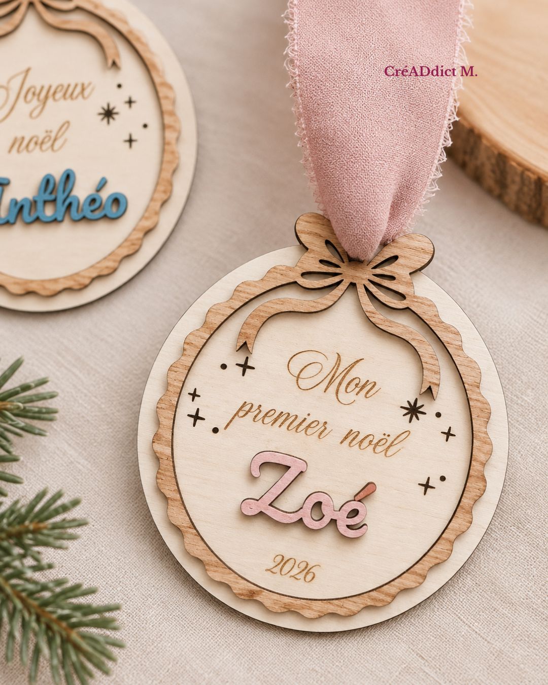 Boule de Noël en bois personnalisée avec prénom