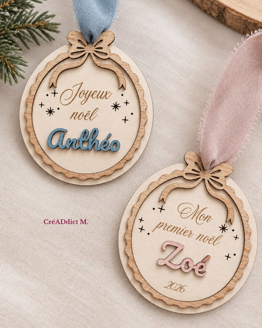 Boule de Noël en bois personnalisée avec prénom