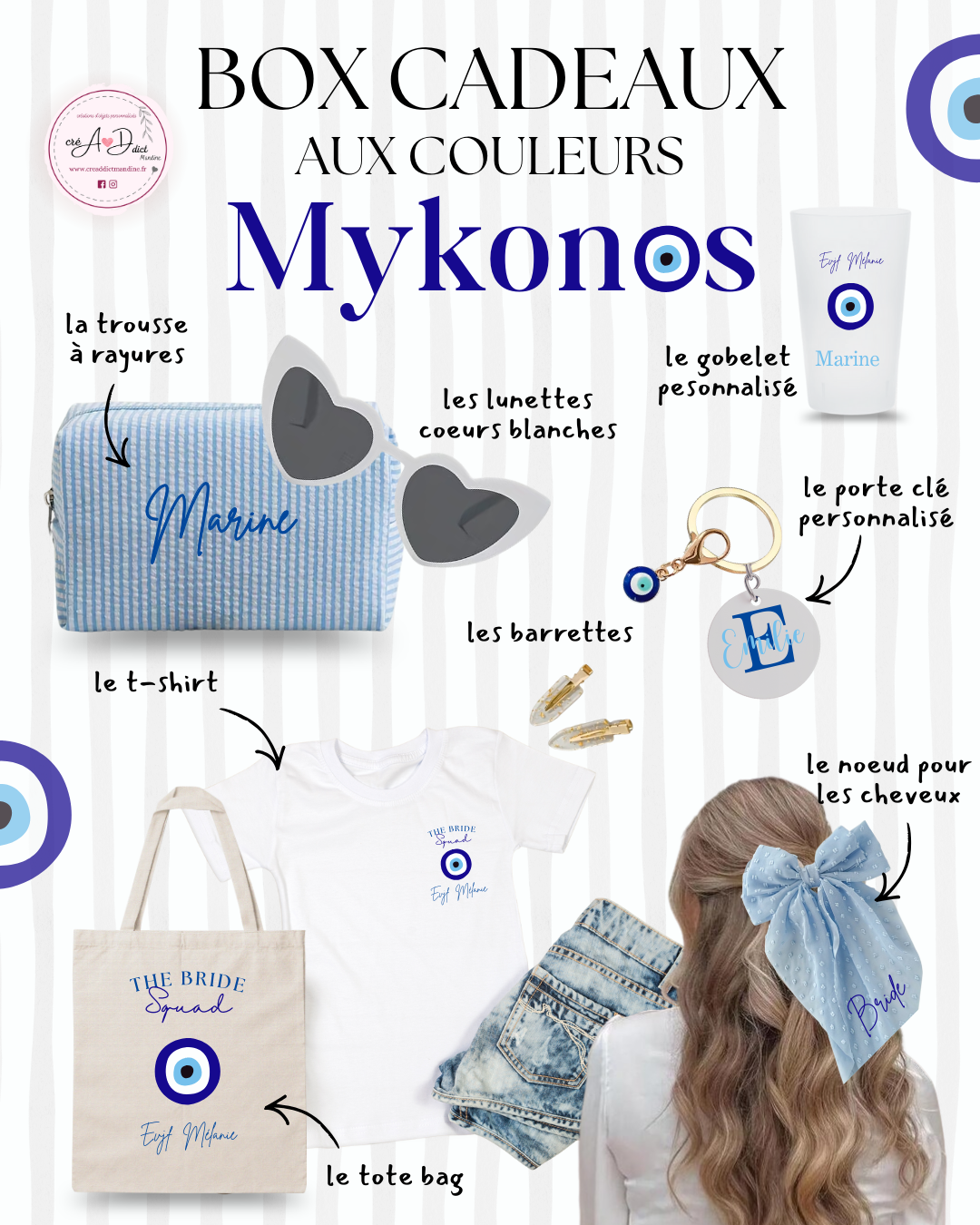 Box cadeau personnalisée EVJF thème Mykonos bleu avec accessoires