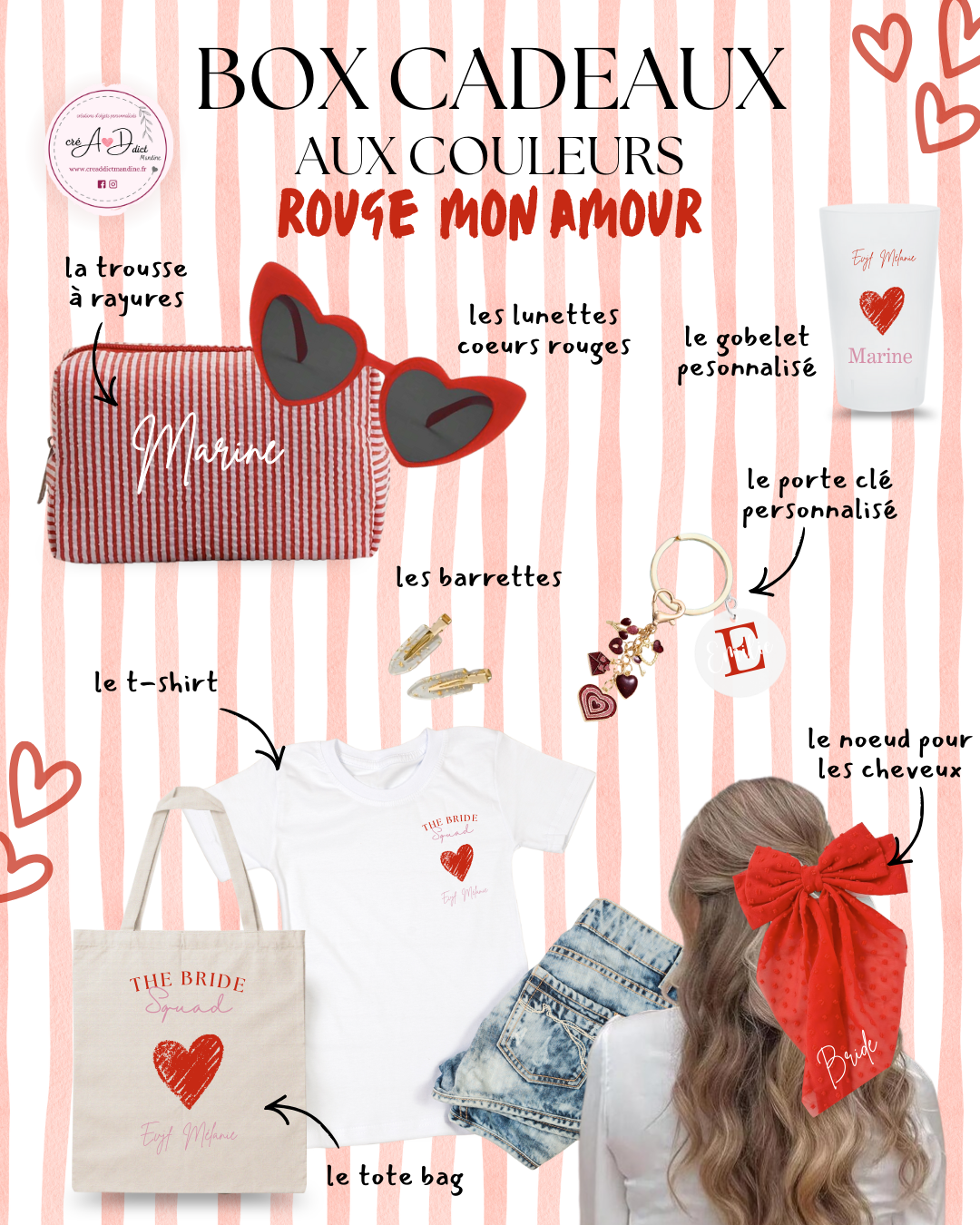 Box cadeau personnalisée EVJF thème Rouge mon Amour avec accessoires
