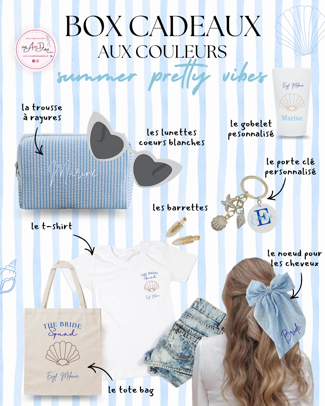 Box cadeau personnalisée EVJF thème Plage summer bleu avec accessoires