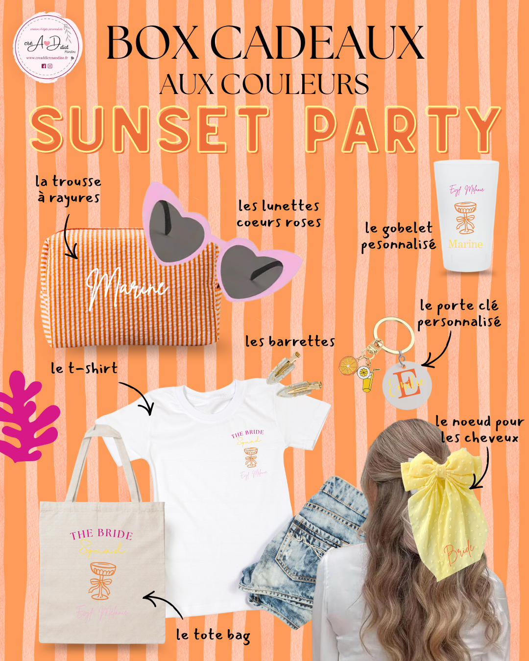 Box cadeau personnalisée EVJF thème Sunset orangé avec accessoires