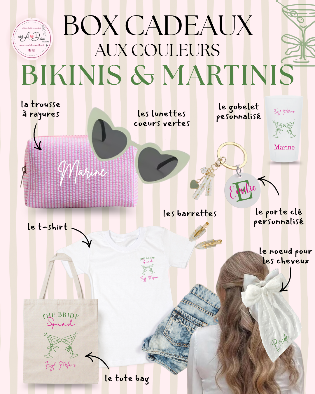 Box cadeau personnalisée EVJF thème Bikinis et Martini vert sauge avec accessoires