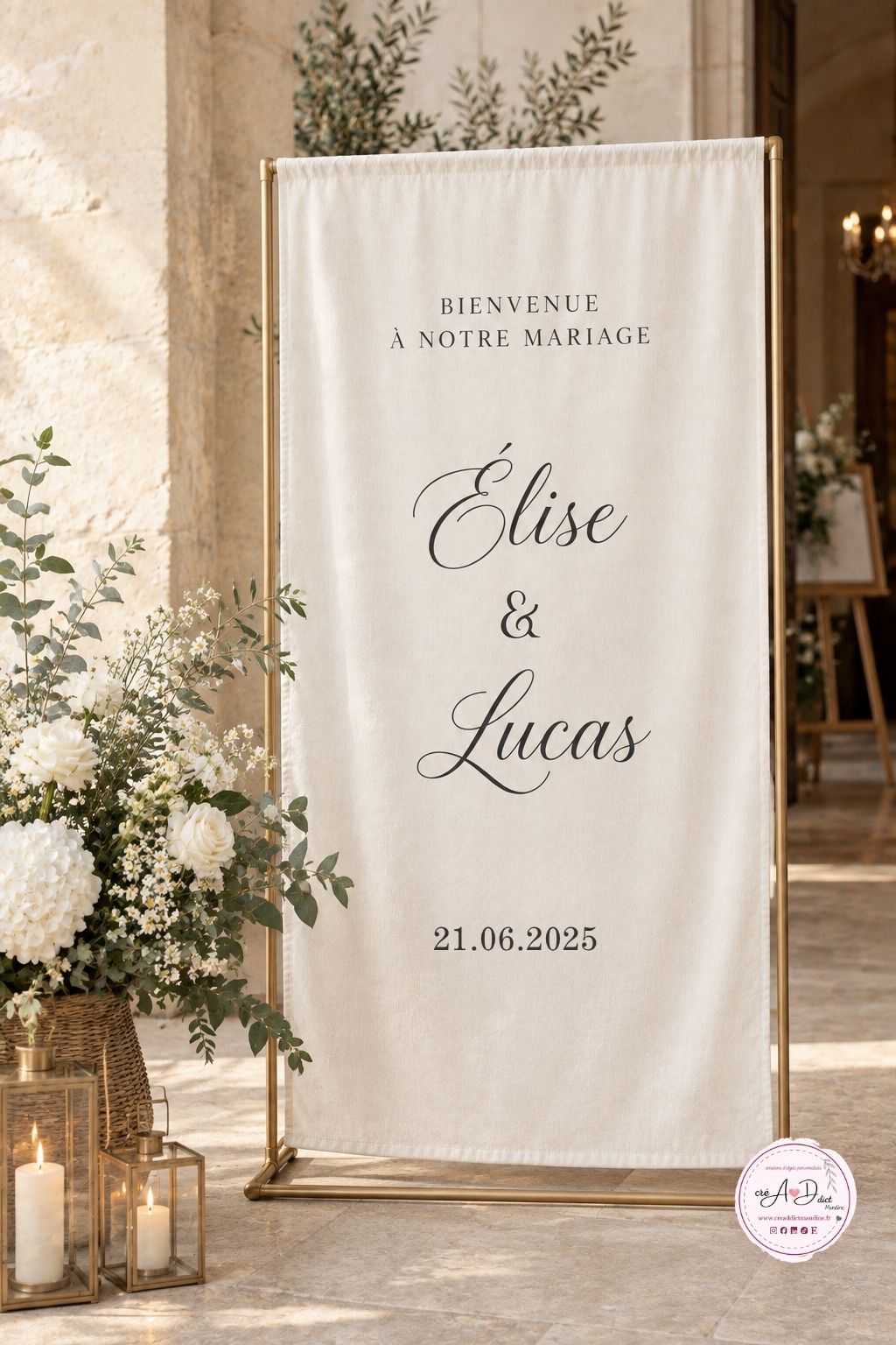 Panneau de bienvenue mariage en tissu personnalisé