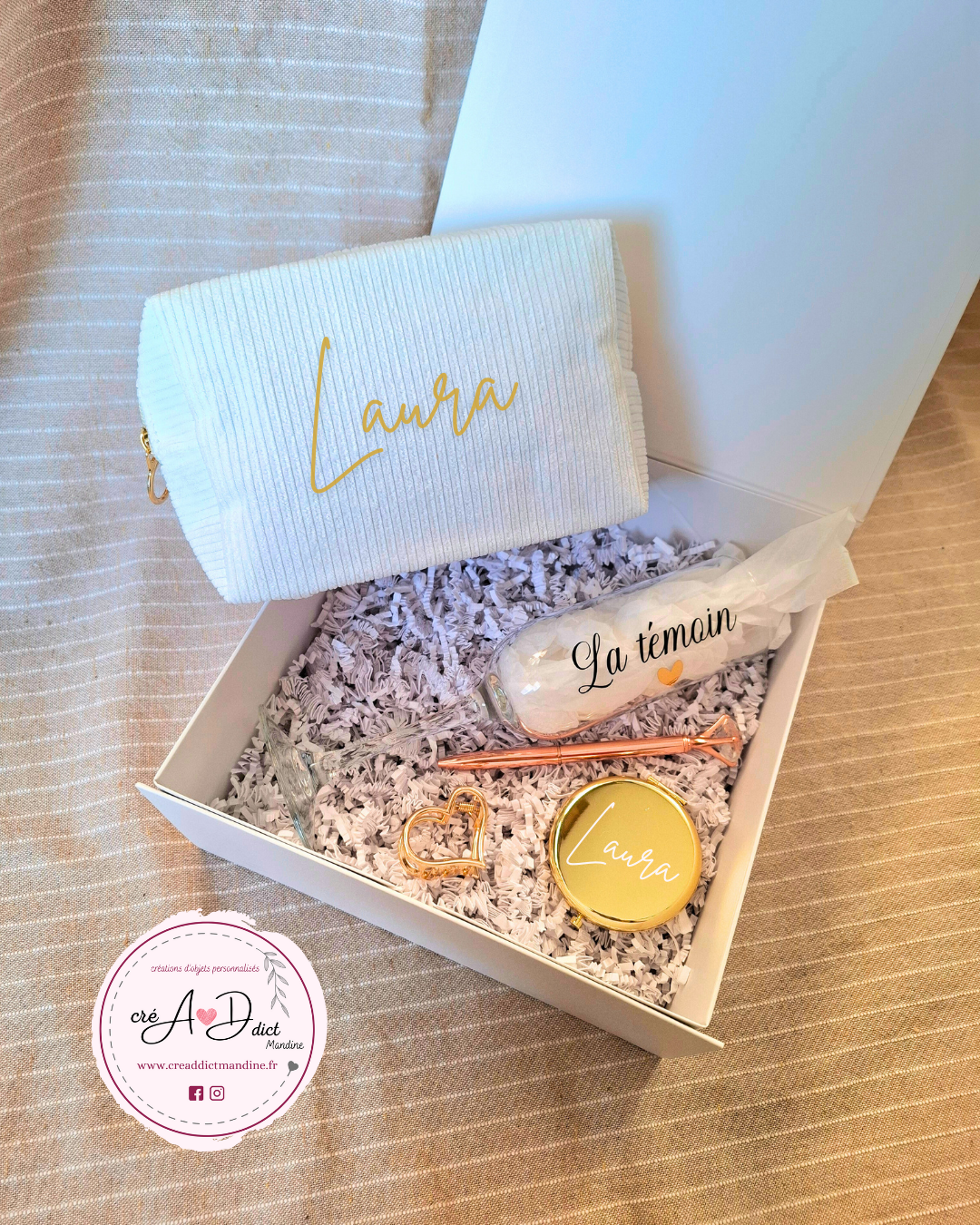 Box cadeau mariée personnalisée trousse velours et flûte à champagne